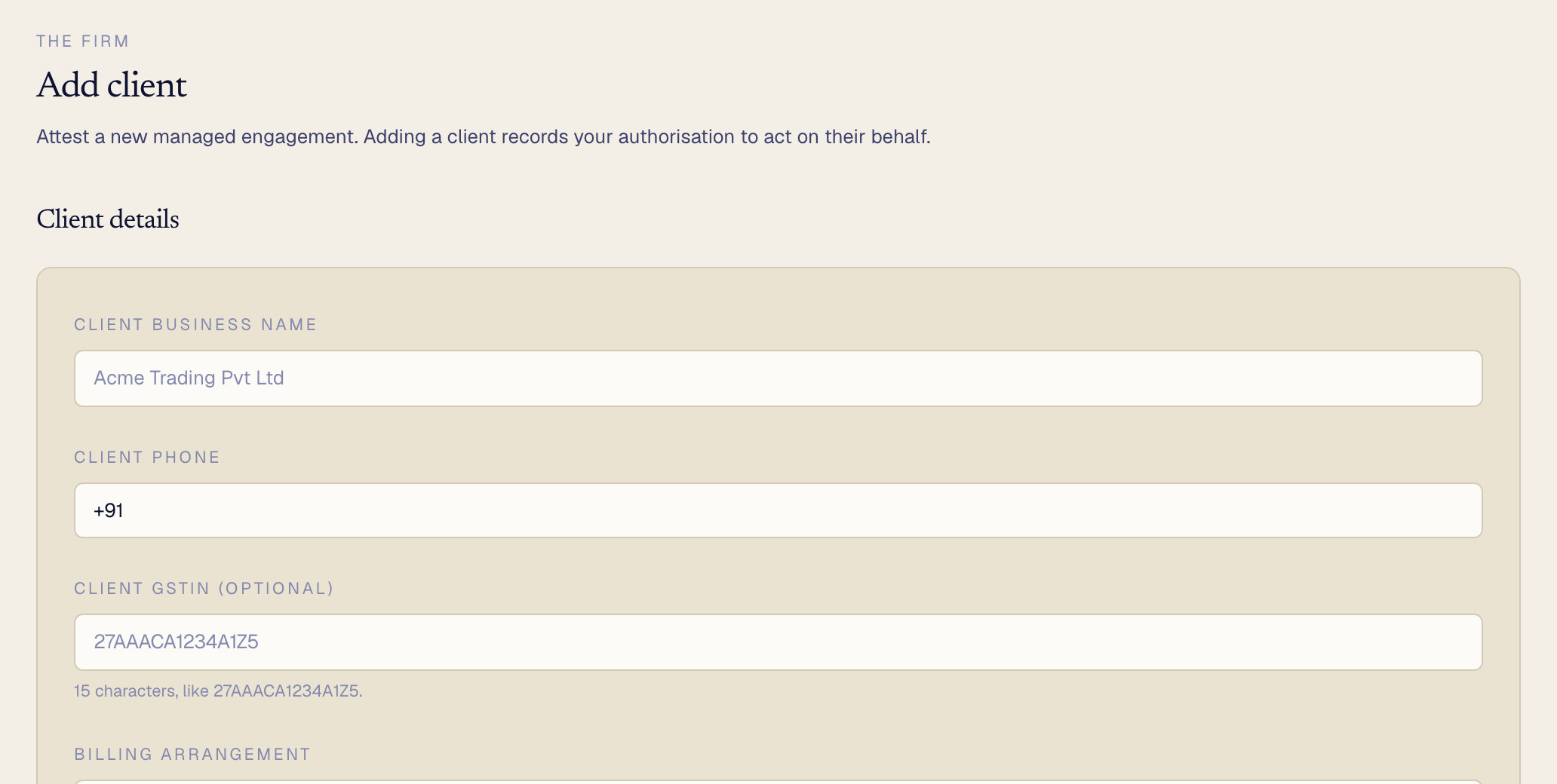 The Add client form
