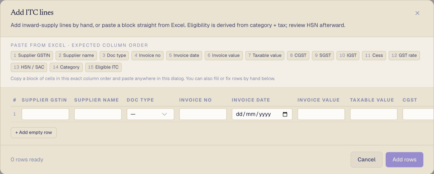Add rows: paste from Excel in the listed column order