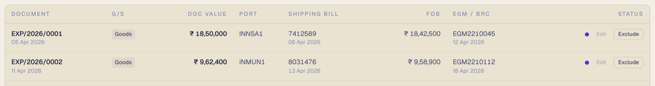 Export lines, with FOB and EGM fetched from customs