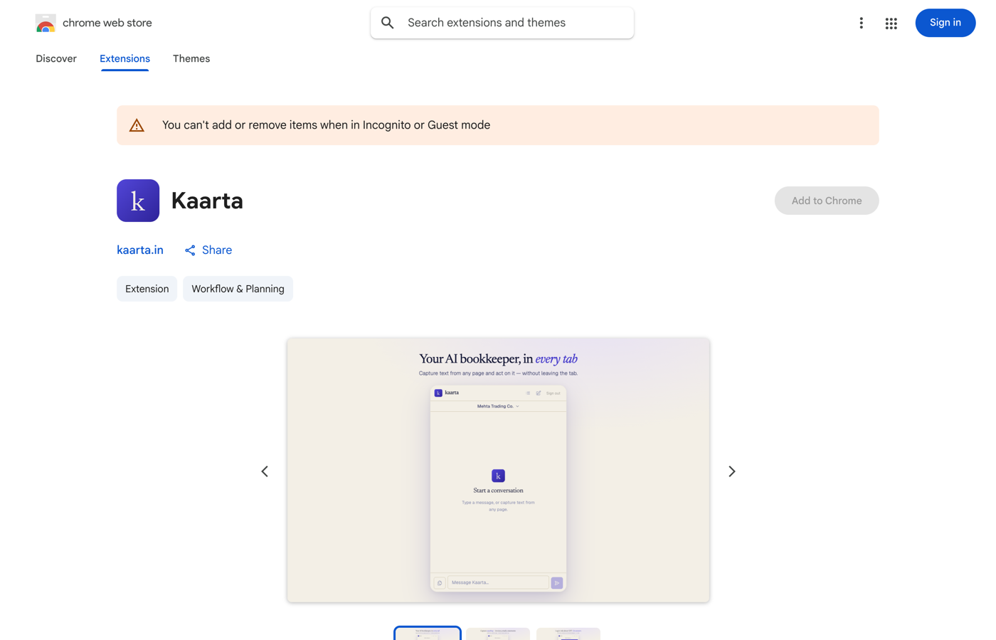 Add the Kaarta extension from the Chrome Web Store