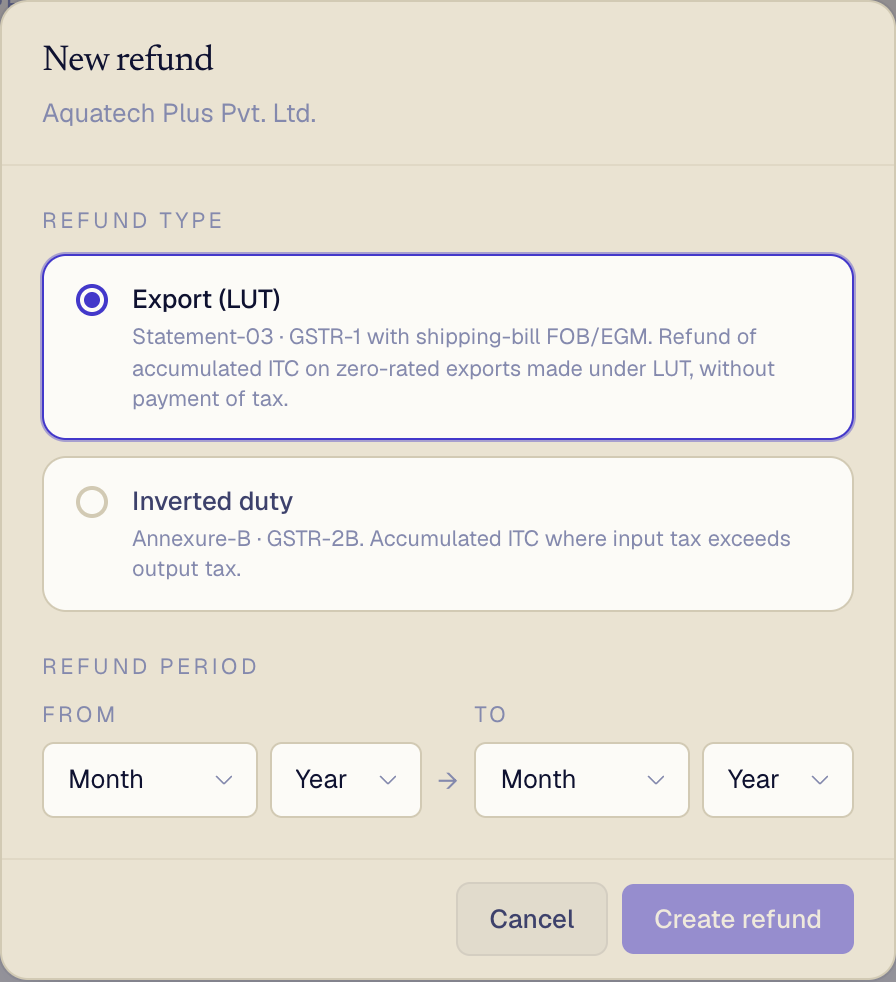 The New refund dialog: choose the type and period