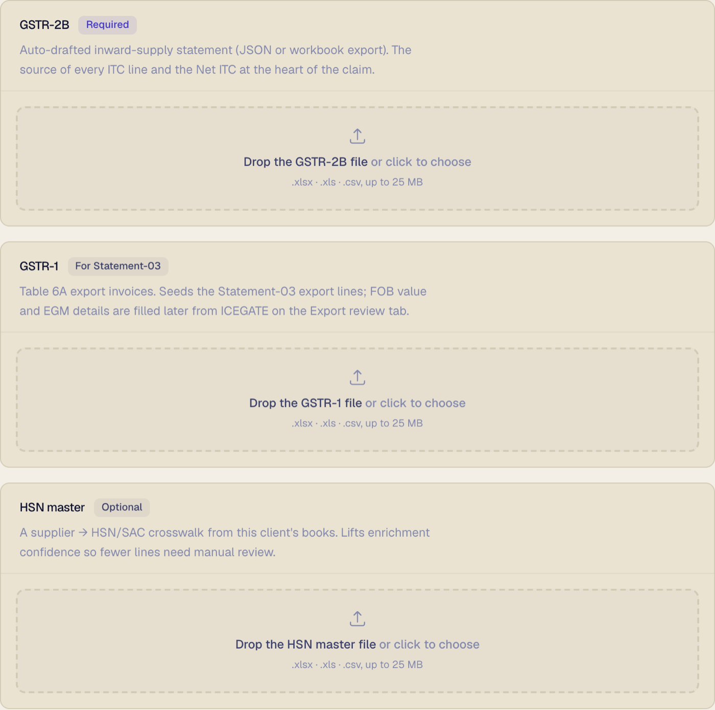The three source files and their accepted formats